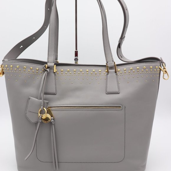 Cole Haan Marli Gold Studded Gray Leather Shoulder Bag Tote - Picture 1 of 7